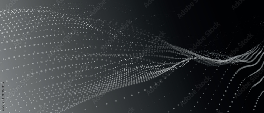 Futuristic dot wave. Abstract digital particle wave. Black and white music wave. Dark background. Digital background with smooth wavy curves. 3D vector illustration Futuristic dot wave. Abstract digital particle wave. Black and white music wave. Dark background. Digital background with smooth wavy curves. 3D vector illustration