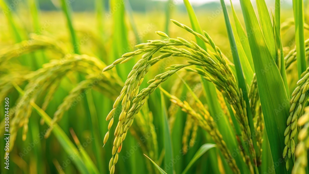 Close-up of green rice plant in a paddy field in India, nature scene, green rice Close-up of green rice plant in a paddy field in India, nature scene, green rice