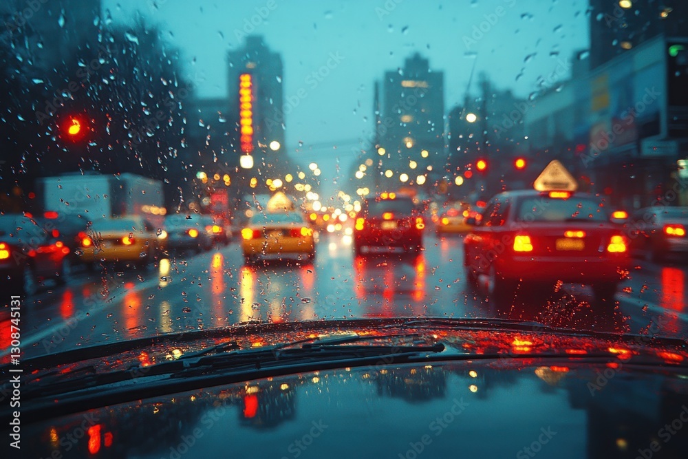 Fototapeta premium Rainy city drive at night with traffic
