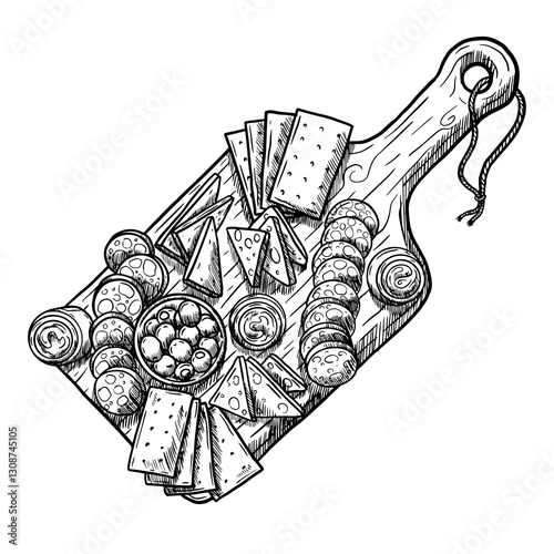 hand drawn vector illustration table, board with cheeses and cool cuts, snacks 