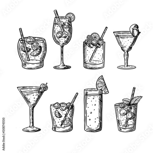 Vector hand drawn illustration of set of glasses drinks cocktails