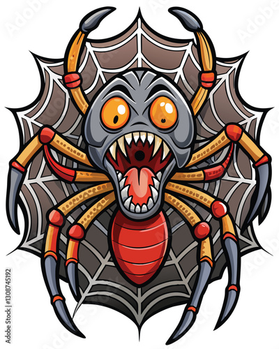 A detailed illustration of a large spider meticulously weaving its intricate web around a screaming, human-like mouth, emphasizing texture and detail.