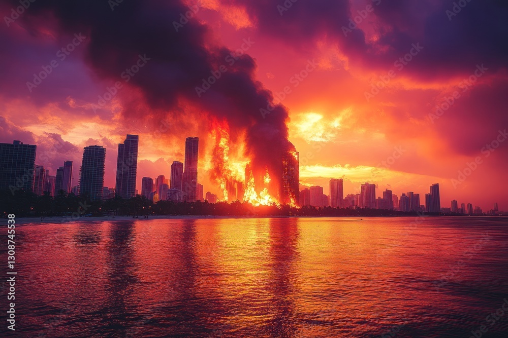 Obraz premium Coastal city inferno at sunset building ablaze, beach view