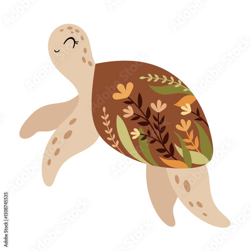 Boho turtle clipart. Floral Sea animal. Ocean animal clipart in cartoon flat style. Hand drawn vector illustration