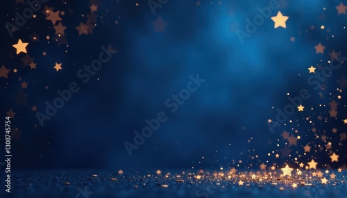 Elegant midnight blue background with gold confetti and stars, celebration, dark