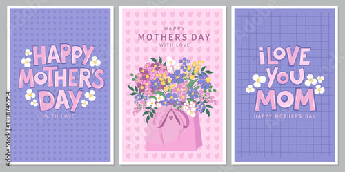 Happy Mother's Day card set, Spring summer floral design. I love you mom inscription. Vector illustration for banner, poster, template. 

