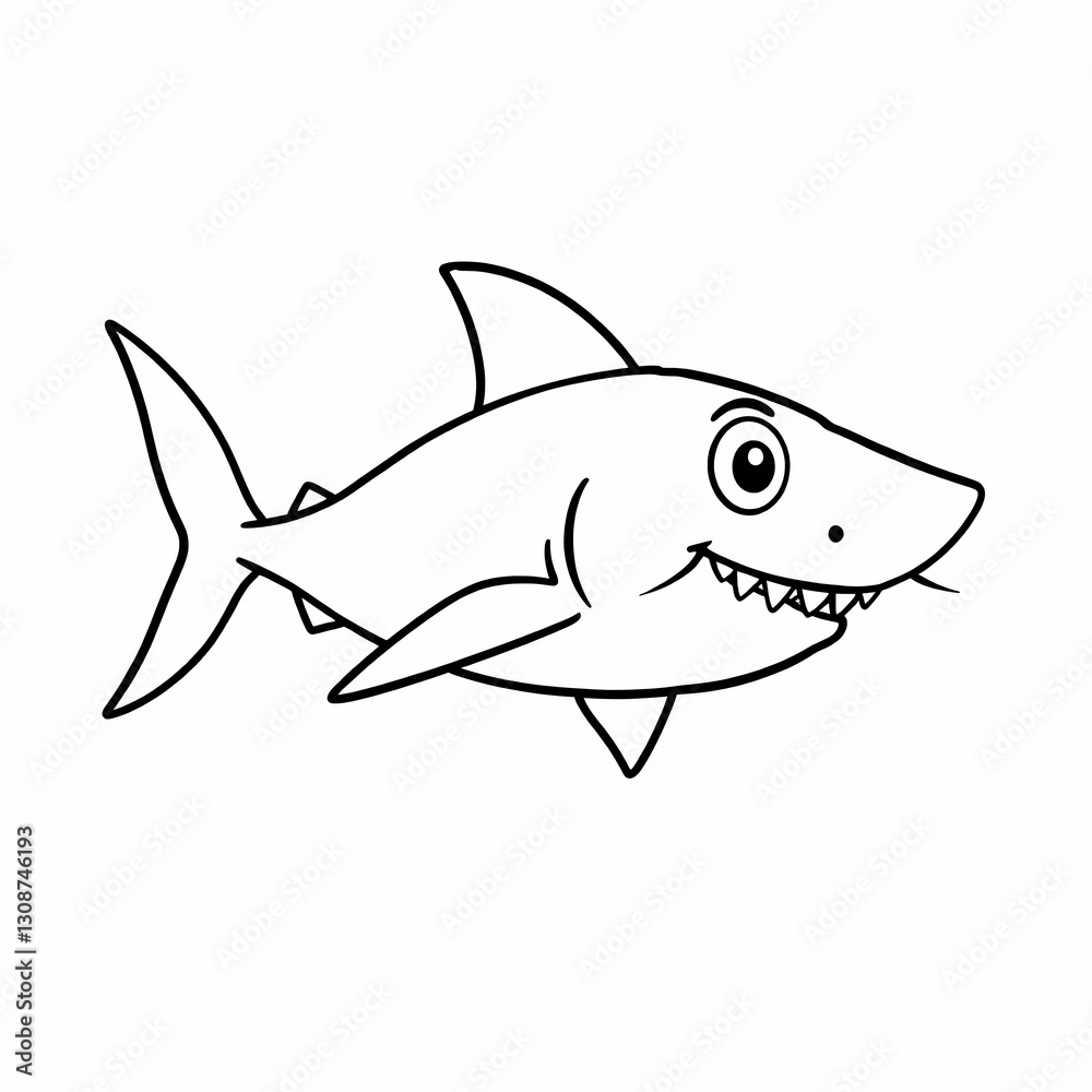 Obraz premium Cartoon Shark Smiling Cute Marine Animal Children's Book Illustration Black and White Outline Drawing