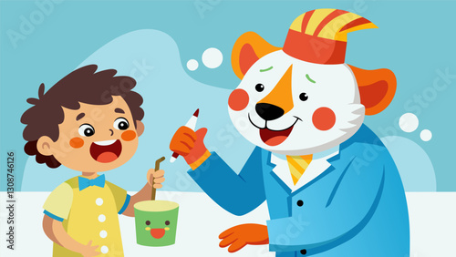 The hospital clown paints a picture of a silly animal on a childs face instantly turning their frown upside down.. Vector illustration
