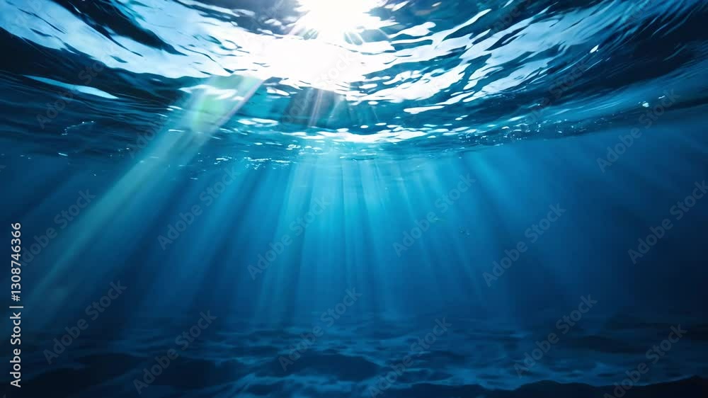 Ethereal underwater scene with sunlight beams illuminating deep blue ocean, evoking tranquility and mystery
