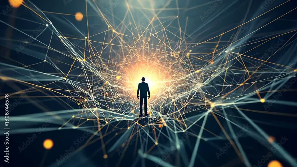 A silhouette of a person facing towards a bright light within a network.