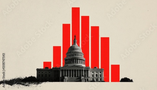 Grunge-style digital collage of the US Capitol with rising bar graphs, symbolizing economic growth and political influence, bold vintage colors