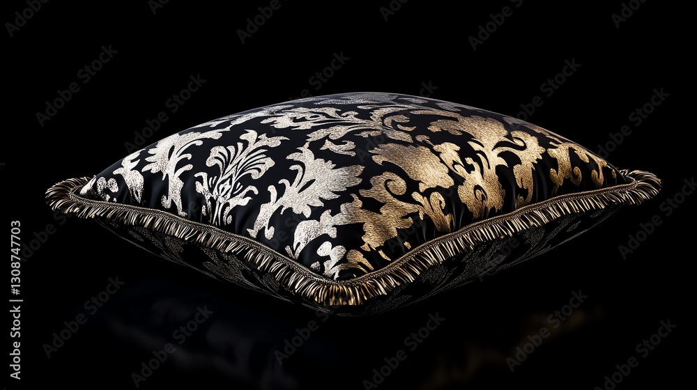 Fototapeta premium A fluffy pillow with an elegant patterned cover on a black background