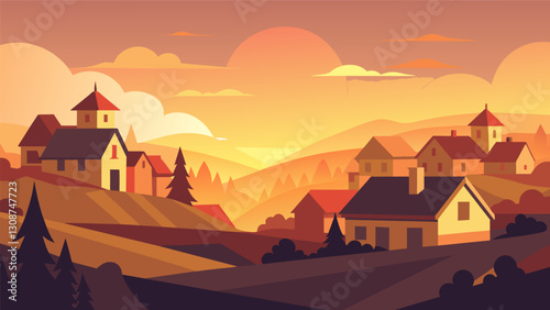 The village seemed to exhale with contentment as the sun rose casting a golden glow over the rooftops.. Vector illustration