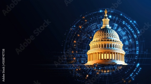 High-tech economic illustration of the US Capitol with virtual financial growth indicators, digital transformation of government financial policies