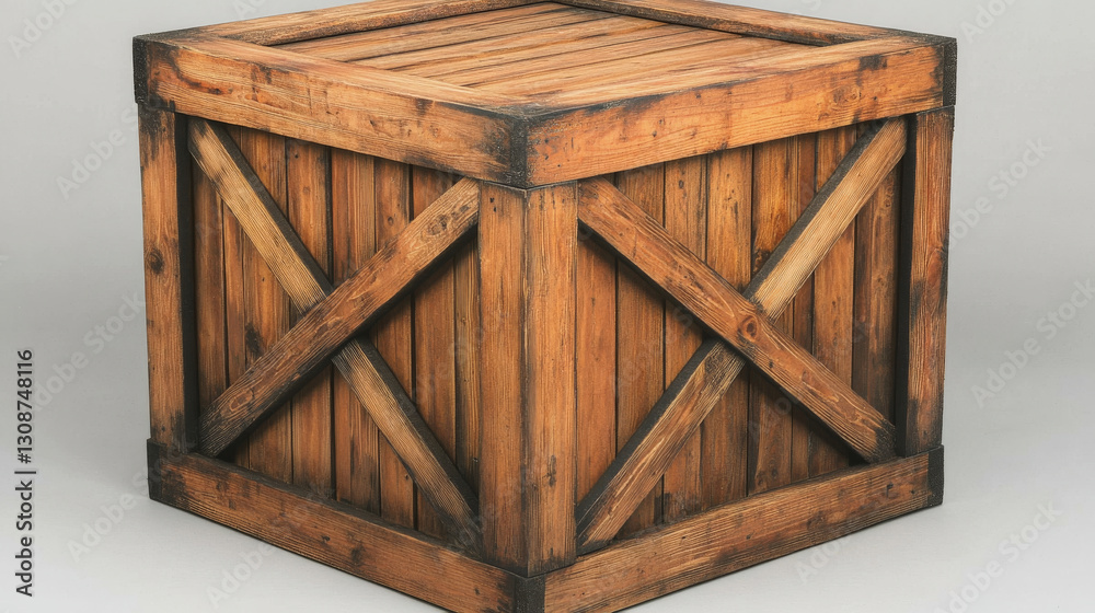 wooden crate with rustic design and cross braced sides, showcasing vintage appearance. crate is made of weathered wood, giving it antique and sturdy look, suitable for storage or decoration