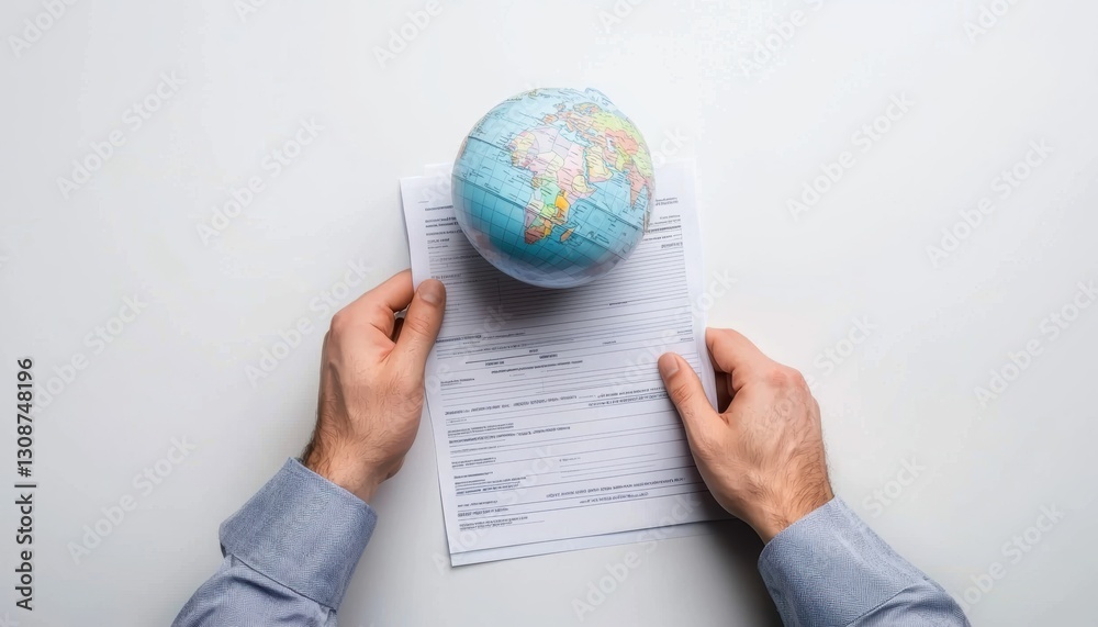 Overhead view of a desk with customs forms and a globe, in an office, managing international shipping in a business context Overhead view of a desk with customs forms and a globe, in an office, managing international shipping in a business context