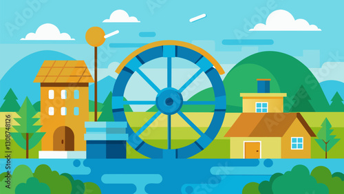 The waterwheel provided clean energy to the rural community avoiding the pollution and dangers of modern technology.. Vector illustration