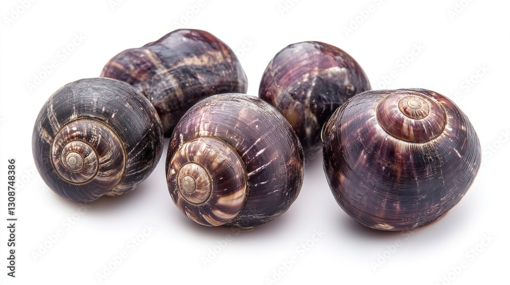 Four whole, round, dark-colored snails, with intricate spiral shells, arranged in a group against a pure white background. Close-up view of edible escargots. Four whole, round, dark-colored snails, with intricate spiral shells, arranged in a group against a pure white background. Close-up view of edible escargots.