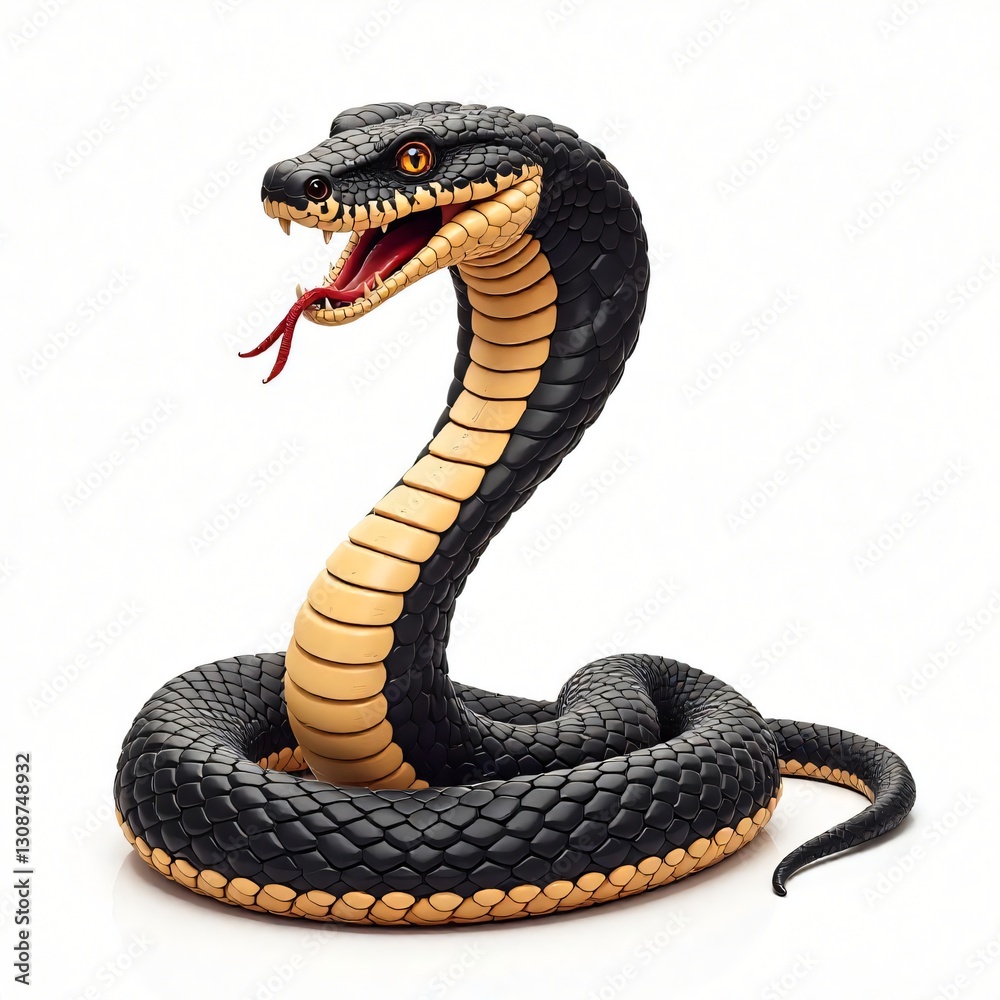 Fototapeta premium Aggressive Black Cobra Snake with Yellow Scales 3D Render Isolated on White Background
