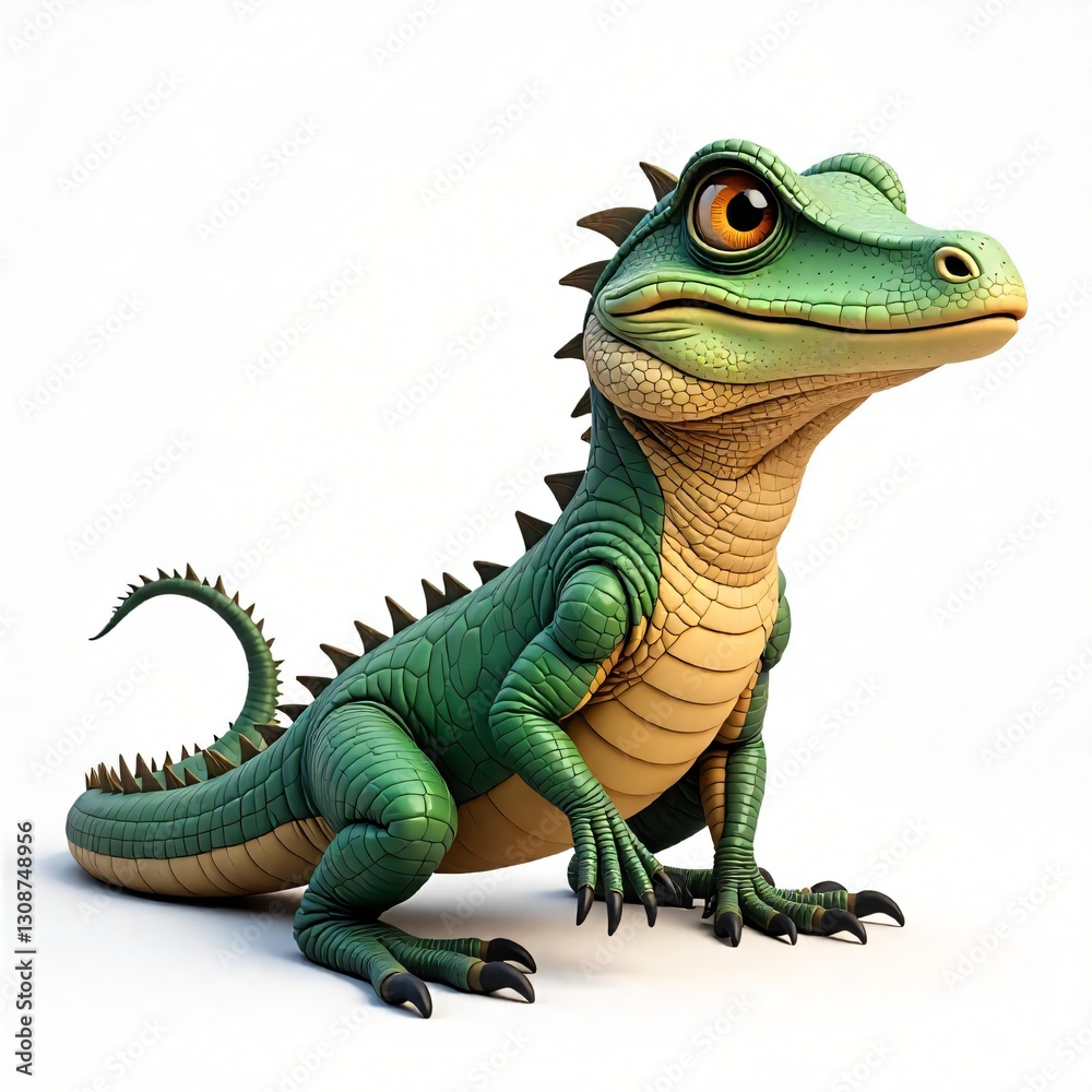 Obraz premium Adorable Cartoon Baby Dragon Green Lizard Fantasy Creature 3D Render