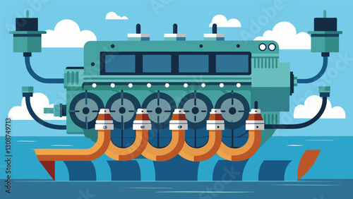 Thick cables s around the massive marine diesel engine connecting it to the ships propellers and giving it the power to push through the water.. Vector illustration
