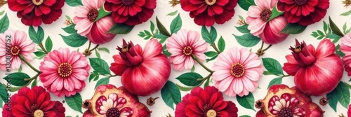 Garnet pomegranate floral collage seamless pattern , exotic, paper