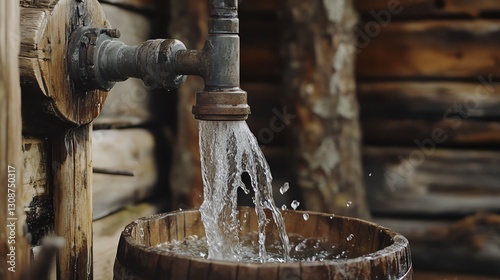 A rustic water pump pours clear water into a wooden barrel, set against a backdrop of natural wood, showcasing simplicity and nature's beauty.