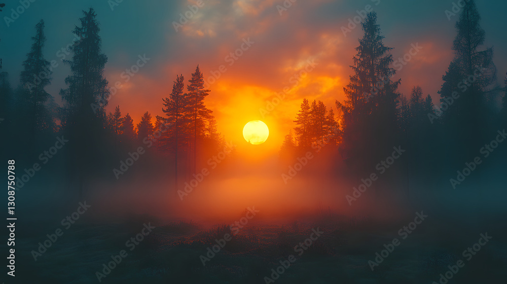 Sunlit Serenity: A mesmerizing sunset casts an ethereal glow over a forest, enveloping the scene in a tranquil and captivating atmosphere.