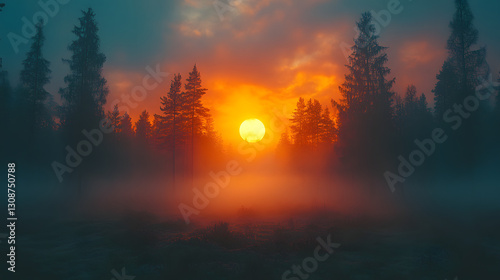Obraz na płótnie Sunlit Serenity: A mesmerizing sunset casts an ethereal glow over a forest, enveloping the scene in a tranquil and captivating atmosphere. w salonie