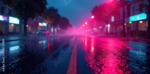 Neon reflections on wet asphalt, smoke & searchlight beam , street, night