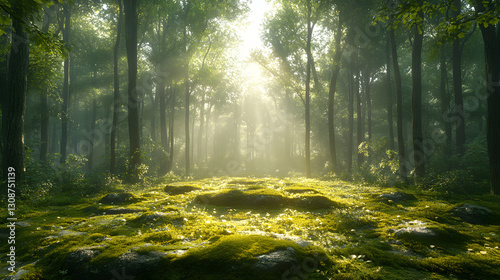 Sunlit Sanctuary: A serene forest bathed in the golden light of dawn, with beams of sunlight filtering through the dense canopy creating an ethereal and captivating scene. 