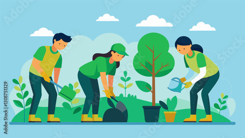 Reforestation volunteers work in unison each person with a specific task to ensure a smooth and efficient planting process.. Vector illustration