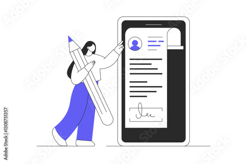 Online agreement, digital signature, partnership and cooperation. Woman fill out form, sign document via mobile application. Flat Cartoon Vector Illustration, icon. Stylish abstract design for website