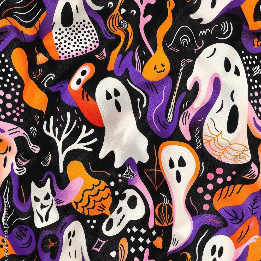A hauntingly fun seamless pattern featuring playful ghosts, skulls, pumpkins, and eerie abstract elements A hauntingly fun seamless pattern featuring playful ghosts, skulls, pumpkins, and eerie abstract elements