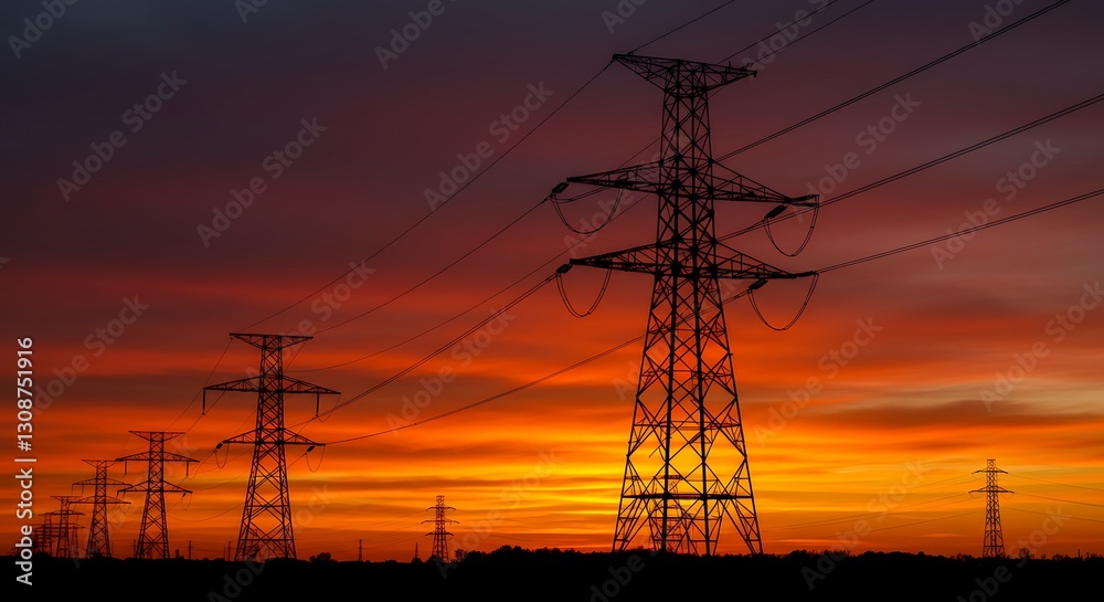 Electricity Pylons at Sunset: Dramatic Landscape Photography AI Generated Electricity Pylons at Sunset: Dramatic Landscape Photography AI Generated