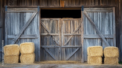 A rustic barn with wooden double doors open, revealing straw bales on the floor, creating a warm, country atmosphere.