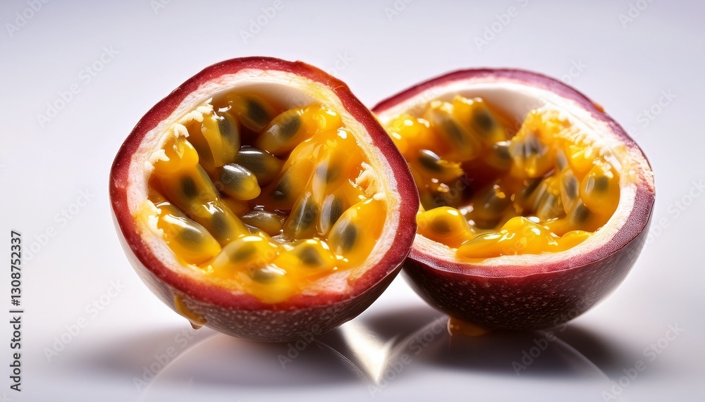 Ultra-close-up of a halved passion fruit, the vibrant seeds and golden pulp glowing against a pristine white background, showcasing its rich texture and exotic appeal.
Ultra-close-up of a halved passion fruit, the vibrant seeds and golden pulp glowing against a pristine white background, showcasing its rich texture and exotic appeal.