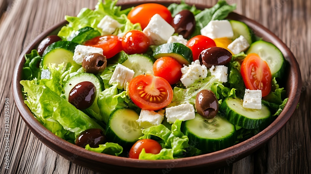 Fresh Salad with Lettuce Cucumber Tomato and Feta Cheese in Bowl Fresh Salad with Lettuce Cucumber Tomato and Feta Cheese in Bowl