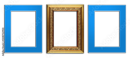 Foto frame  with square shape, yellow - gold ornate, and blue border,  set of wooden likes  picture frames on transparent background