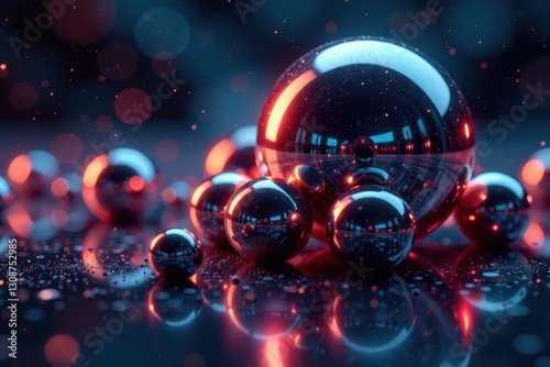 Chrome balls cluster near magnet, metallic gleam, chrome spheres, energy