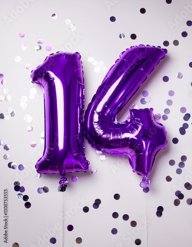 Purple balloon number 14 for fourteenth birthday or anniversary party. White background with confetti