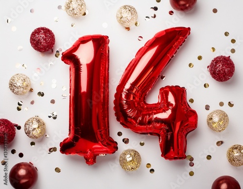 Red balloon number 14 for fourteenth birthday or anniversary party. White background with confetti