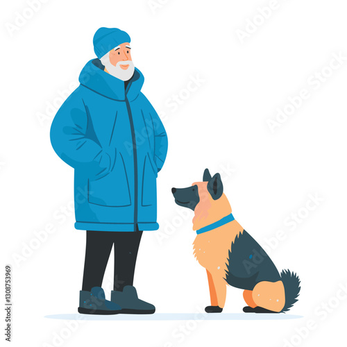 senior man in winter outfit with dog isolated vector illustration