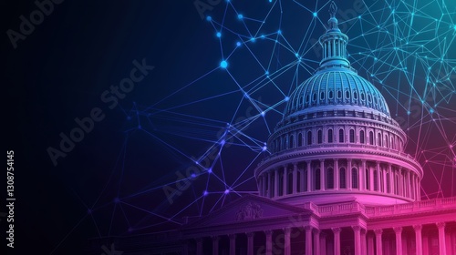 High-tech economic illustration of the US Capitol with virtual financial growth indicators, digital transformation of government financial policies