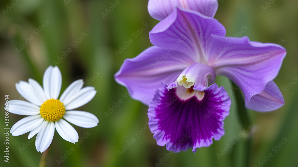 Close up of a purple Orchis and white-yellow ox-eye daisy flower Close up of a purple Orchis and white-yellow ox-eye daisy flower