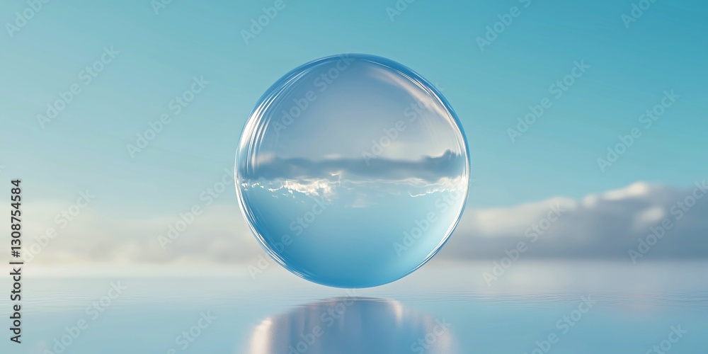 Crystal-clear water sphere levitating in the atmosphere with soft reflections of clouds and light Crystal-clear water sphere levitating in the atmosphere with soft reflections of clouds and light