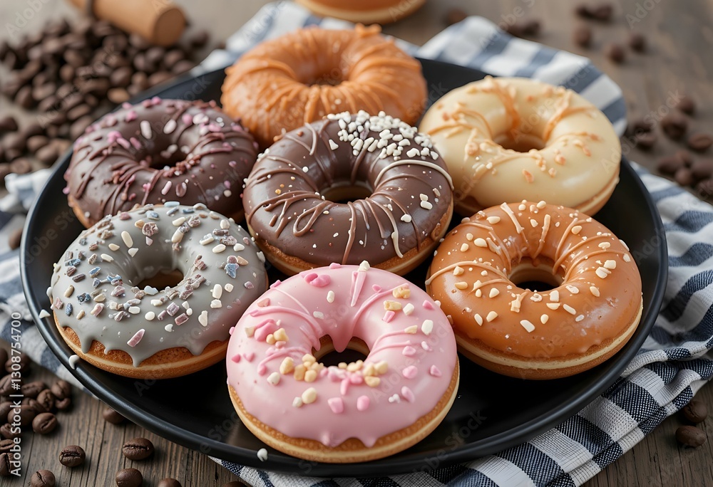 assorted donuts on black plate with coffee beans, variety of flavors, bakery assorted donuts on black plate with coffee beans, variety of flavors, bakery