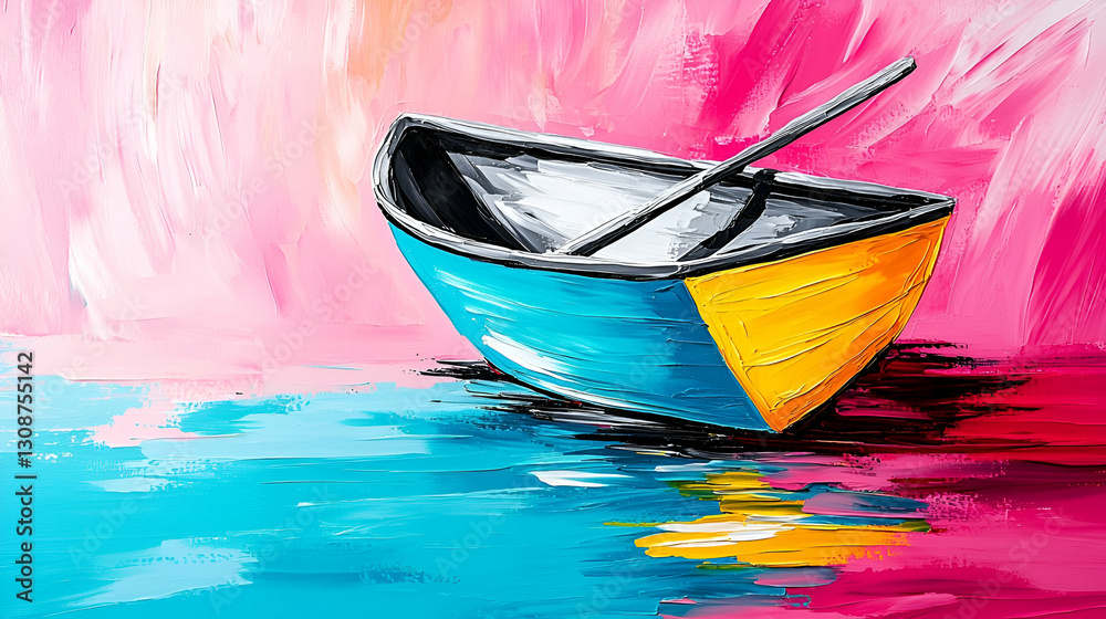 Fototapeta premium Colorful Abstract Boat on Reflection in Calm Water with Vibrant Background Artistry