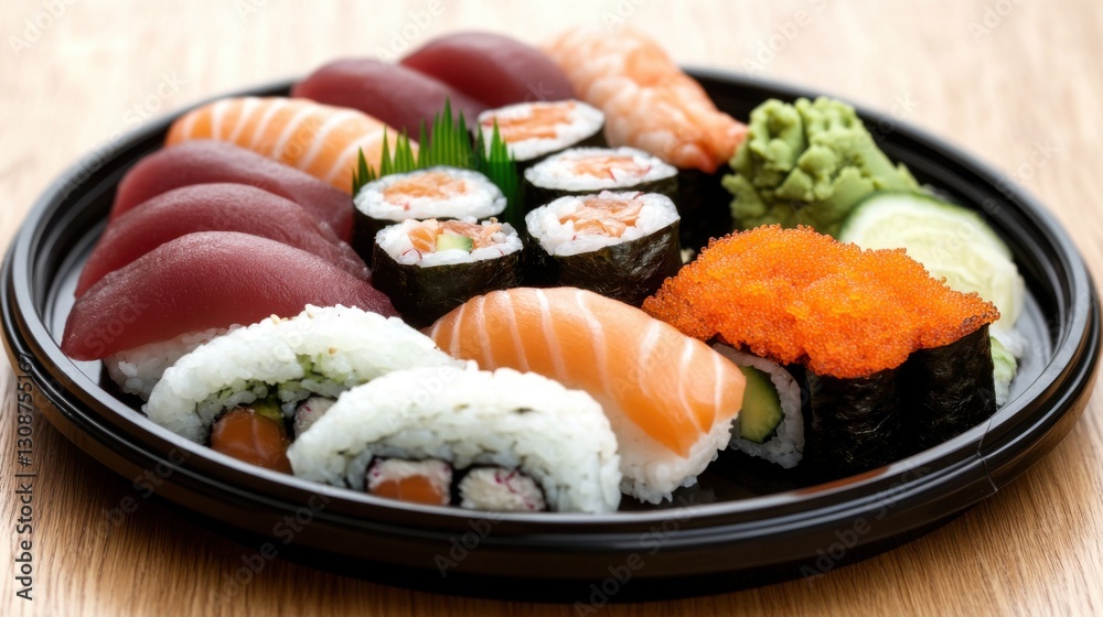 Assorted sushi platter with salmon, tuna, shrimp, avocado, and rice on a black plate. Assorted sushi platter with salmon, tuna, shrimp, avocado, and rice on a black plate.