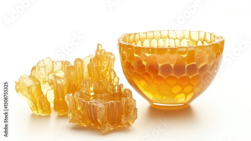 Honeycomb pieces and bowl of honey on white background. photo